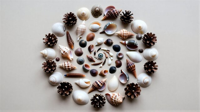A circular arrangement of diverse seashells and pinecones on a soft beige background.