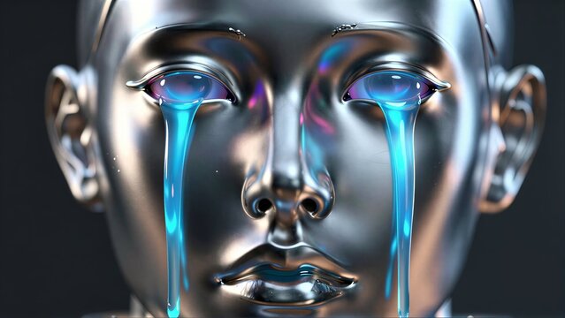 Metallic face weeps blue tears, reflecting emotion in a futuristic sculpture.