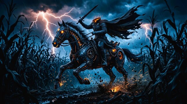 Headless horseman riding through cornfield during lightning storm.