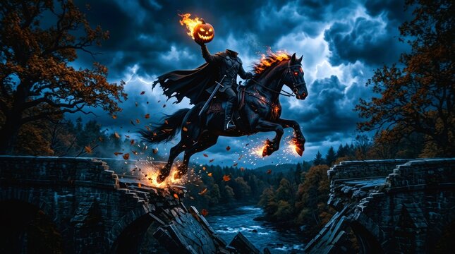 Headless Horseman riding flaming horse over broken stone bridge.