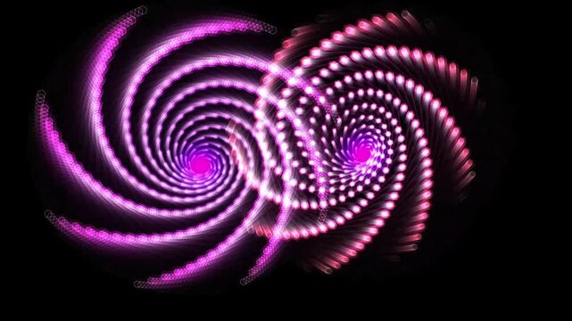Abstract digital art featuring two glowing pink and white spiral vortex patterns against a deep black background