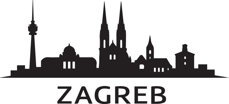 Zagreb skyline silhouette with city name typography on a white background silhouette