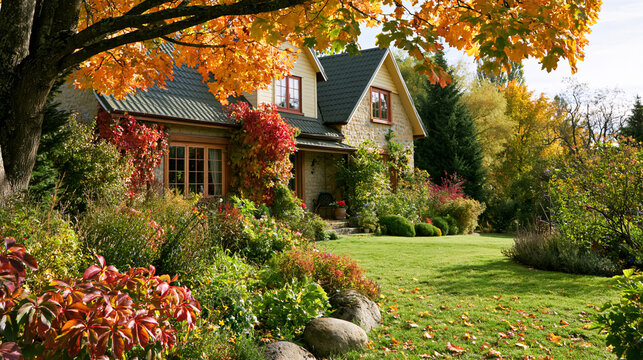Countryside home surrounded by colorful fall trees and lush garden, showcasing the beauty of autumn season