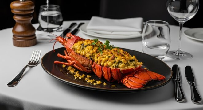 Gourmet lobster dish presented on a black plate with table setting, including silverware and wine glasses
