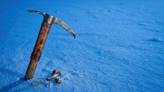 Vintage ice axe with blood and bones on cobalt blue snow for minimalist advertising.