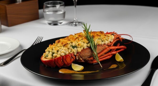 Grilled lobster dish with stuffing, lemon, and rosemary on a black plate, white tablecloth