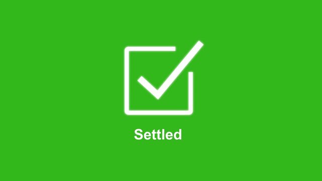 Settled status animation featuring a clean white checkmark inside a square box on a solid chroma key green background, business approval, task completion, and ui ux