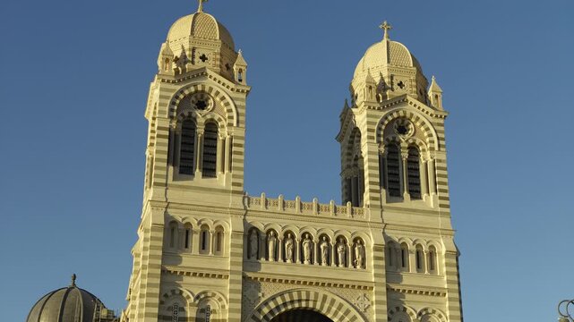 Byzantine Romanesque facade of the Cathedrale La Major in Marseille, France, a famous landmark