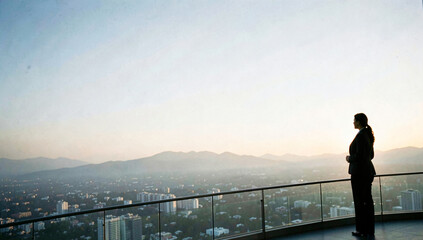 Plakat Businesswoman looking at urban landscape contemplating future success