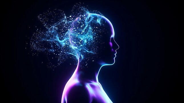 Human head profile with blue glowing particles