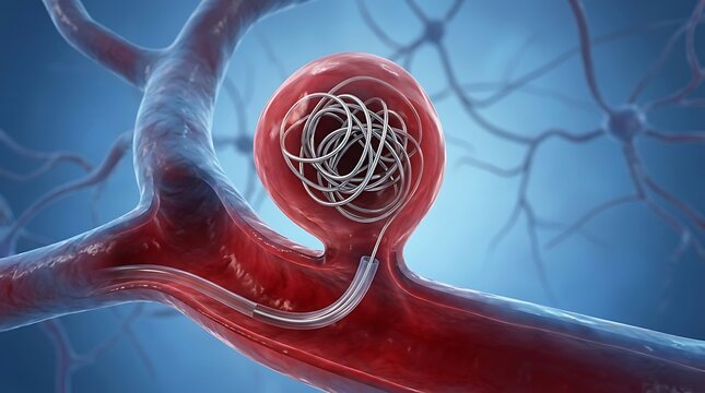 Medical illustration of aneurysm coiling in brain artery