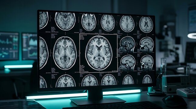 Medical monitor displaying multiple brain MRI scans