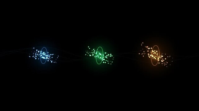 Abstract digital background with three glowing particle clusters in blue, green, and orange colors connected by thin light waves on a black backdrop