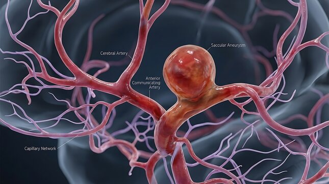 Saccular aneurysm in cerebral artery anatomy