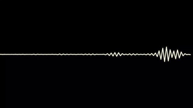 Glowing audio waveform animation pulsating across a black background in high definition video footage