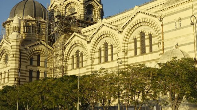 Majestic exterior of the Cathedral de la Major, a national monument of France, in Marseille