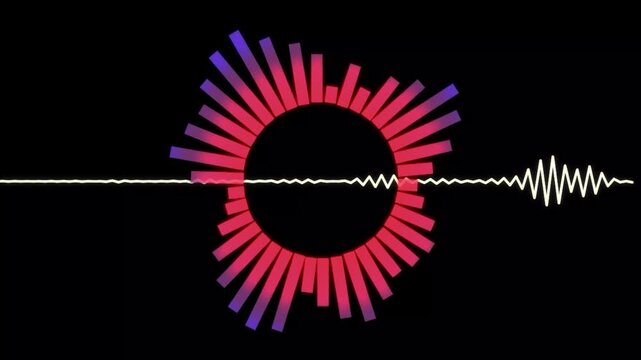 Glowing digital sound wave equalizer graphic vibrating with vibrant red and blue music visualizer elements