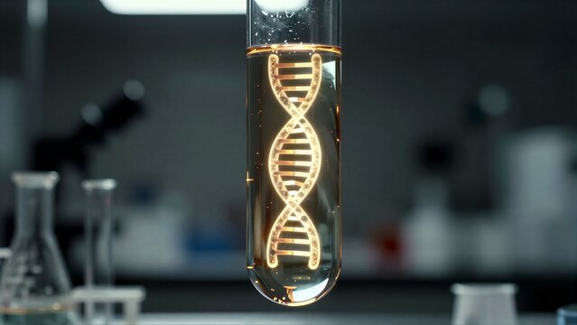 DNA double helix glowing inside a test tube in lab setting.