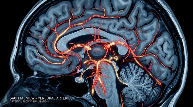 Sagittal view of human brain with cerebral arteries