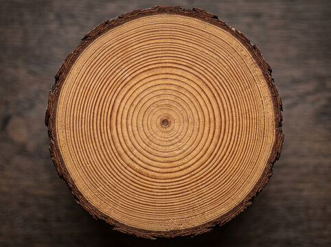 A close-up view shows the circular growth rings of a freshly cut tree log cross-section.