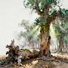 Fototapeta premium Watercolor of Gnarled Old Tree Stump in Misty Forest
