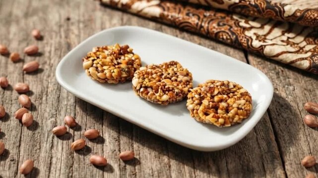 Authentic Indonesian sweet peanut candy enting enting ampyang served on ceramic plate with raw peanuts scattered on rustic wooden table background, traditional java snack dessert culinary concept
