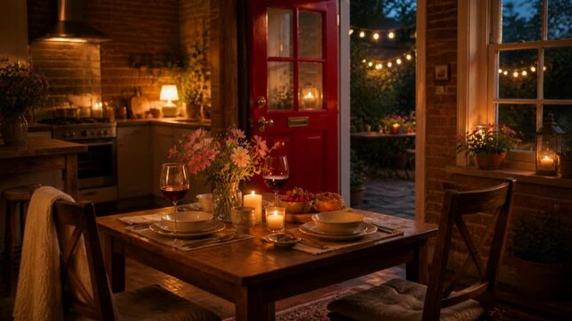 Cozy candlelit dining room with a red door