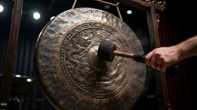 Person striking large traditional bronze gong.