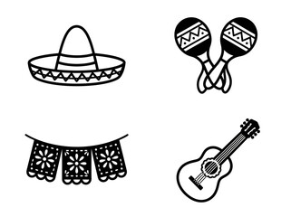 Fototapeta premium Cinco de Mayo festive icon collection featuring traditional Mexican celebration items like a sombrero, maracas, paper banner and guitar