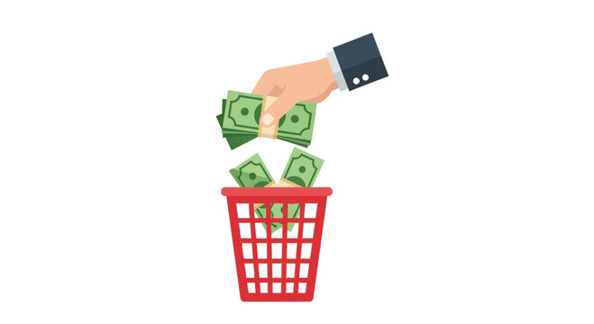Businessman Hand Throwing Money in Trash Bin Illustration, Concept of Financial Waste and Loss