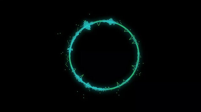 Glowing cyan audio equalizer circle pulsating rhythmically against a dark black background motion graphic