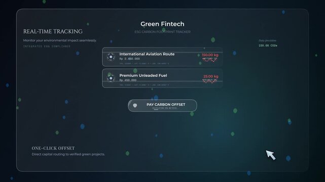 Green Fintech ESG carbon footprint tracker UI animation with real-time tracking, offset payment feature, and verification tree icon for environmental impact and sustainability compliance