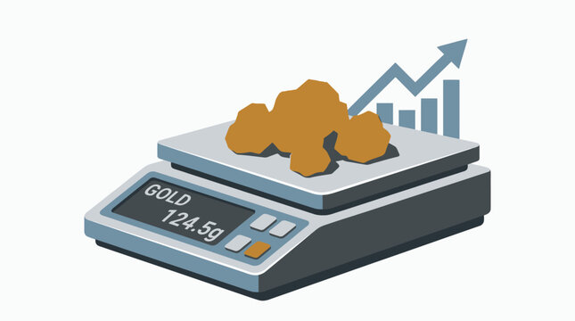 Gold nuggets on a digital scale with rising bar graph weight