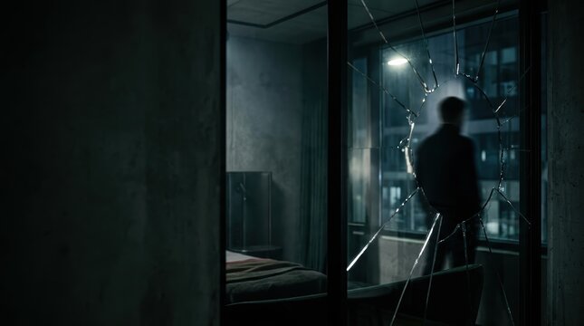 Cinematic dark aesthetic photography of a mysterious silhouette seen through a shattered glass window in a moody apartment at night