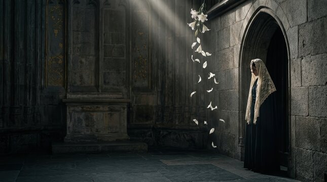 Mystical dark aesthetic photography of a woman in a lace veil standing in a gothic cathedral with falling lily petals and divine light rays