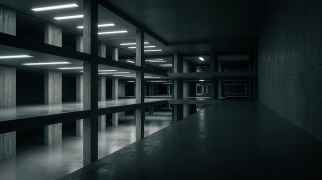 Sophisticated Liminal Space Architecture: Eerie Minimalist Concrete Hallway with Repetitive Geometry, Dramatic Fluorescent Lighting, and Deep Desolate Atmosphere