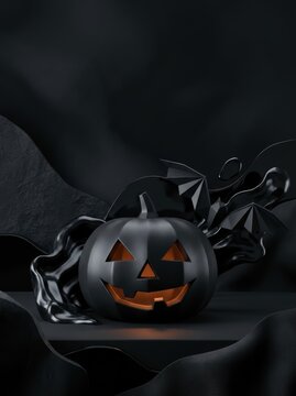 Minimalist Matte Black Jack-o'-lantern Sculpture with Glowing Orange Ember Accents, Sleek Geometric Bats and Abstract Fluid Shapes on Dark Charcoal Background for Modern Luxury Dec