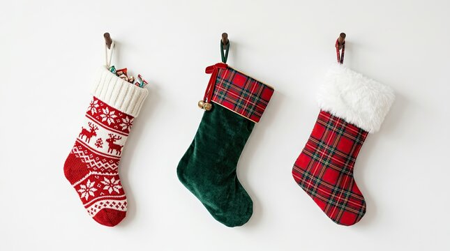 Three decorative christmas stockings with knit and plaid patterns hanging on a white wall holiday decoration plaid stocking knitted patterns