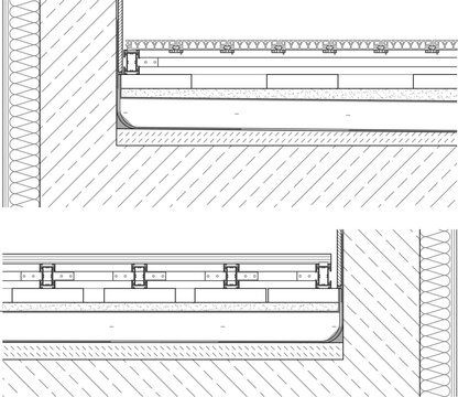 Technical line art vector illustration of an outdoor terrace composite decking system wall junction and perimeter edge cross-section details, featuring aluminum joist framing profiles