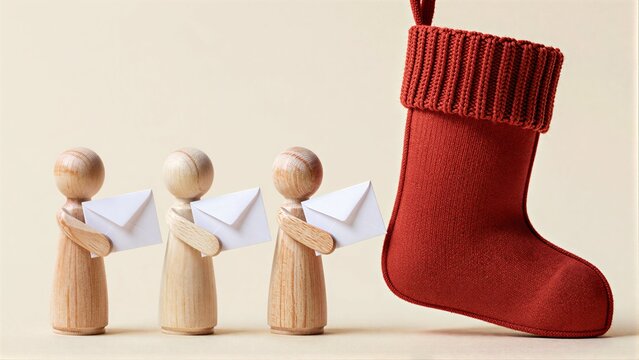 Wooden figures hold letters, presenting them to a large red Christmas stocking.