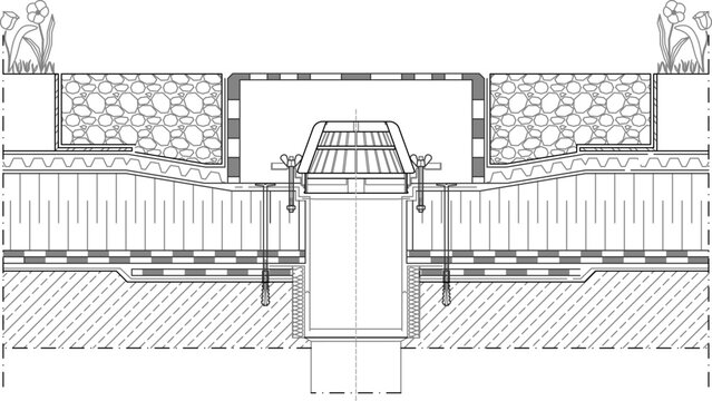 Technical CAD section of a drainage inlet structure showing a central grated shaft flanked by retaining walls with riprap fill and landscaping plants.