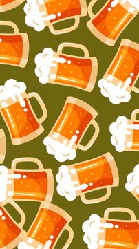 Animated seamless pattern featuring overflowing beer mugs filled with golden lager and creamy foam on an olive green background