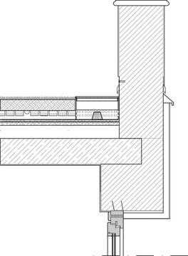 Technical line art vector illustration of a green roof terrace edge parapet and window head interface cross-section detail, showing intensive substrate layer, drainage board