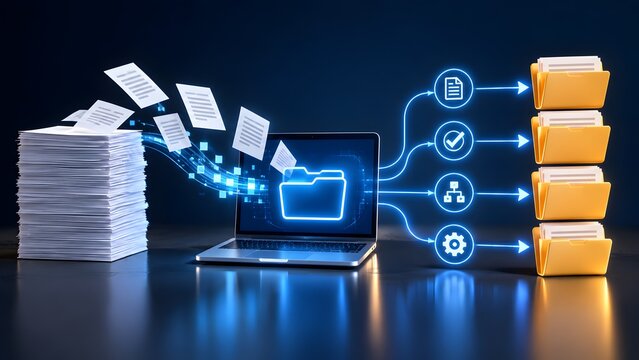 Automated document management system digitizing physical paper stacks into organized network folders using smart software and secure cloud storage