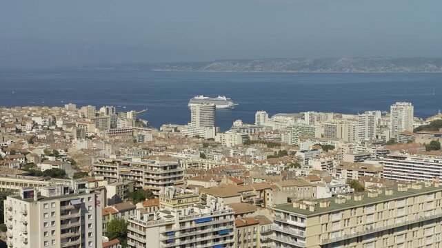 Beautiful panoramic view of the city of Marseille in France overlooking the blue Mediterranean Sea