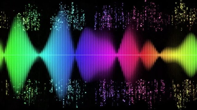 Colorful audio spectrum visualizer with neon sound waves, vibrant rainbow digital equalizer bars on black background, glowing music frequency display for dj sets and podcast production High