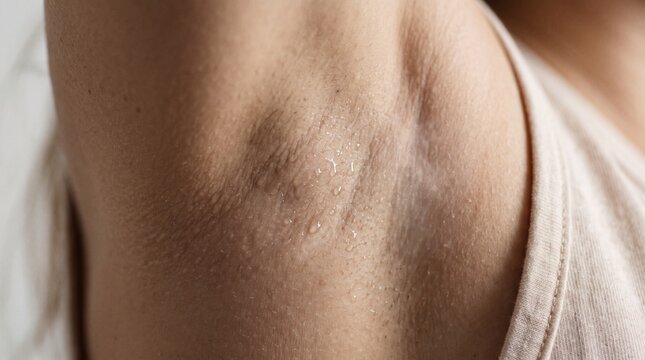 Extreme close-up of sweat droplets on a woman's armpit skin with a beige tank top, perspiration and hyperhidrosis concept