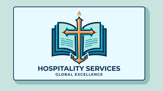 Vector illustration of open Holy Bible combined with cross anchor. Concept for Christian ministry, hospitality service, faith foundation, and church logo.