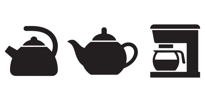  Collection of coffee and tea brewing equipment icon set with coffee maker appliance beverage silhouette collection breakfast restaurant hospitality equipment background isolated pictogram