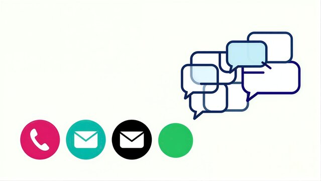 Communication icons: phone, email, chat bubbles. Simple design with colorful symbols.